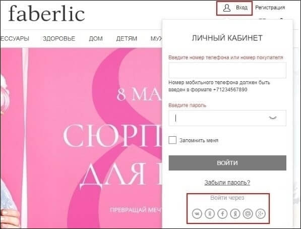 Вход в личный кабинет Фаберлик Беларусь с помощью социальных сетей без ввода логина и пароля