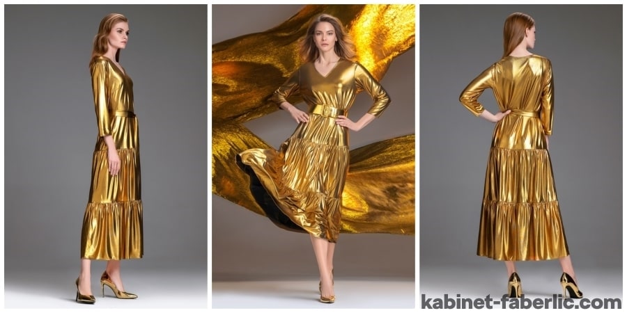Длинное трикотажное платье с блестящим напылением модель 169W4107, цвет золотистый — коллекция «Жидкий металл» Фаберлик