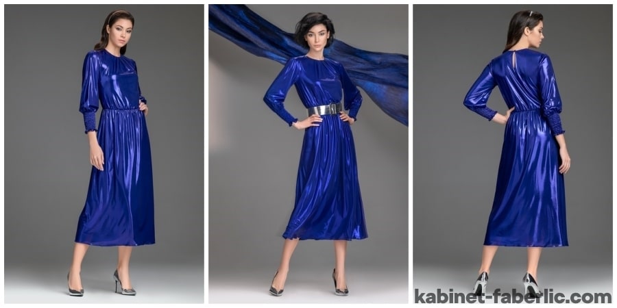Длинное трикотажное платье с блестящим напылением модель 169W4101, цвет синий — коллекция «Жидкий металл» Фаберлик