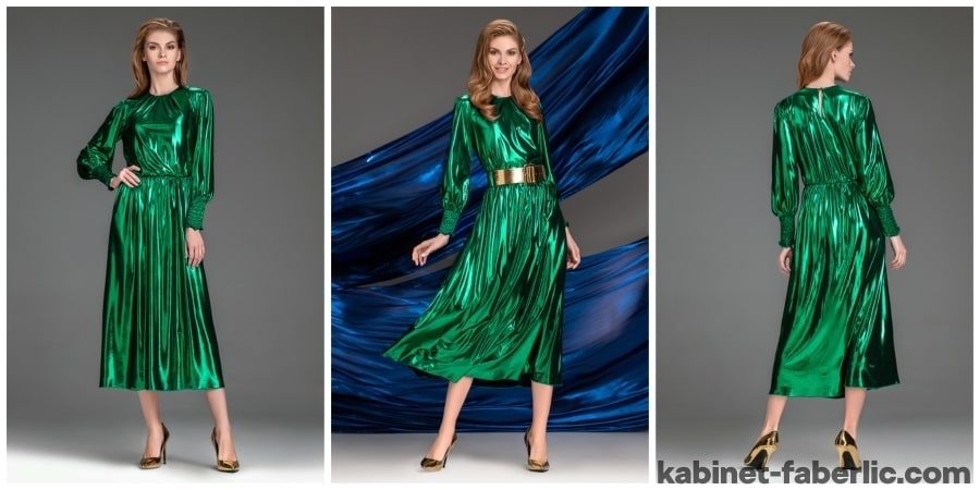 Длинное трикотажное платье с блестящим напылением модель 169W4101, цвет зелёный — коллекция «Жидкий металл» Фаберлик